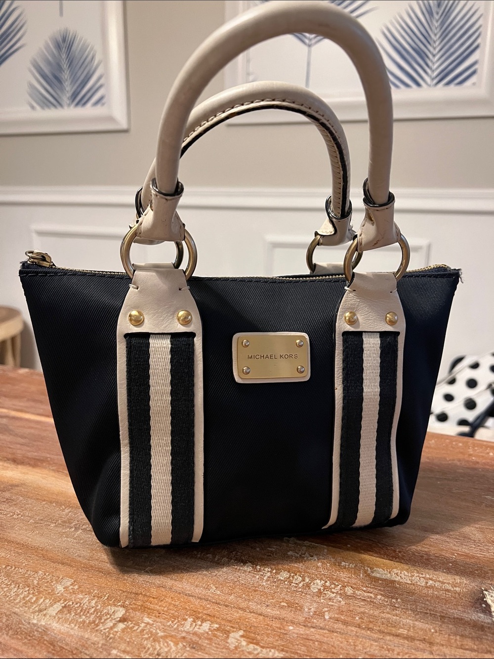 Michael Kors Navy and Cream Mini Satchel with Gold Hardware